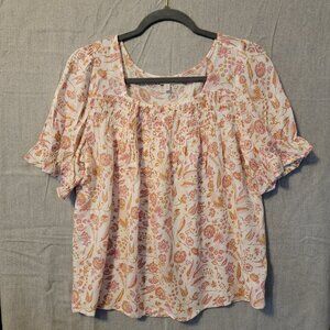 Lucky Brand Women's Medium Pink Floral Short Sleeve Blouse